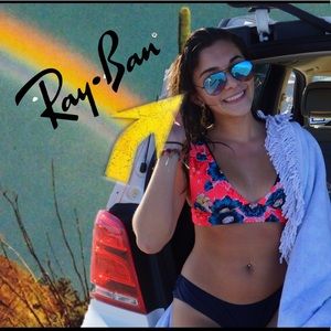 Black framed ray bans with blue mirrored lenses!!!